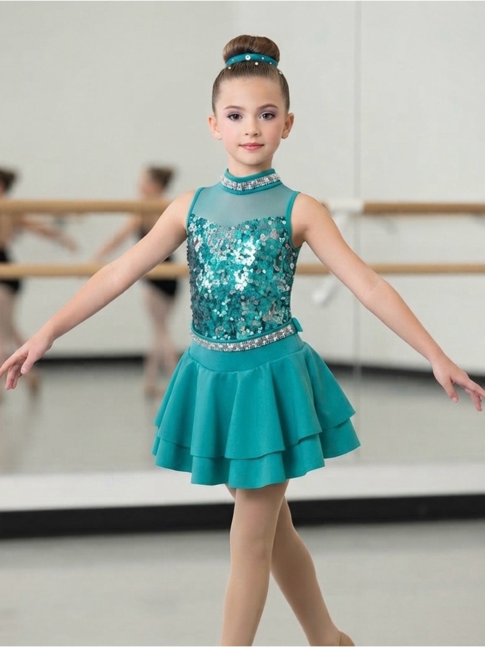 Turquoise Sequin Dance Costume for Kids - Sleeveless Layered Skirt